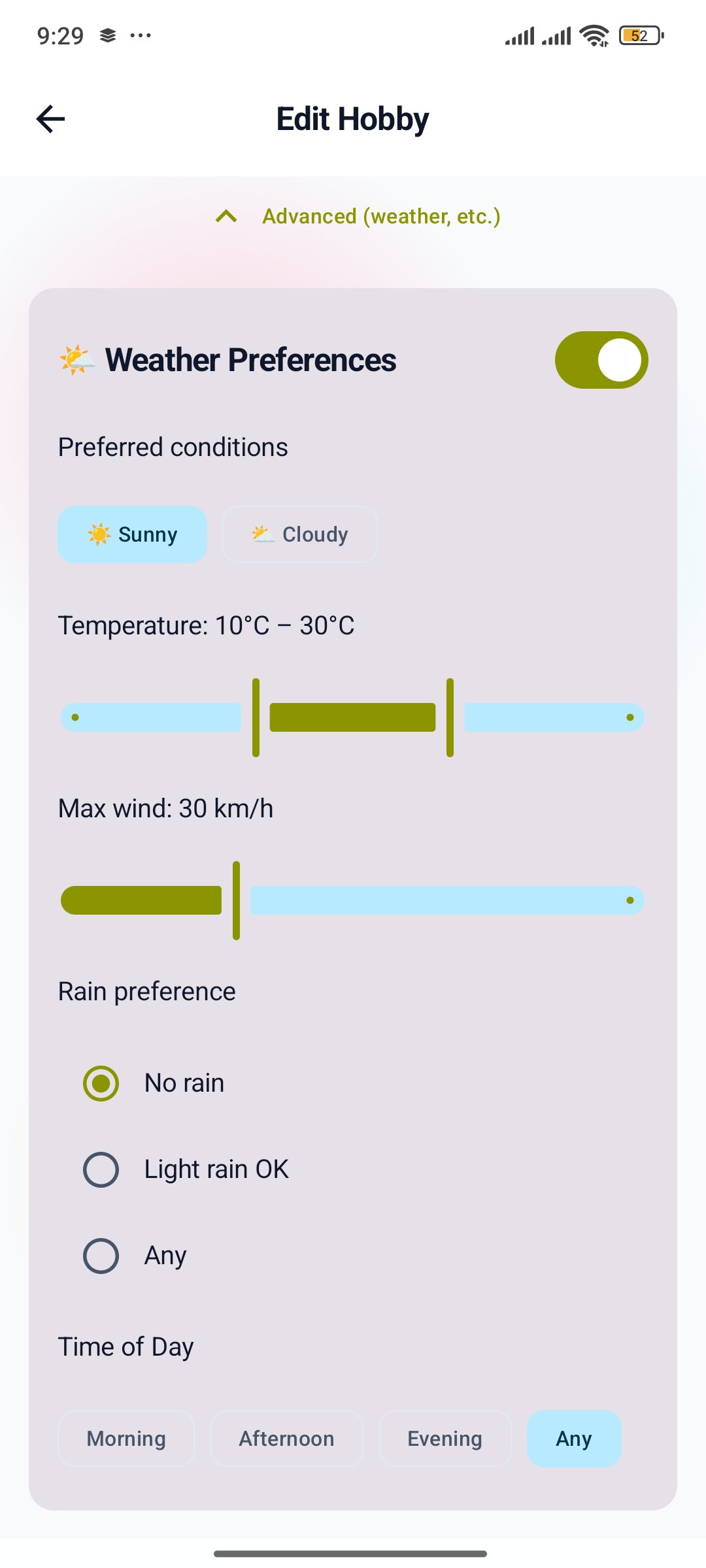 Personalized Preferences feature showing custom weather settings for each hobby