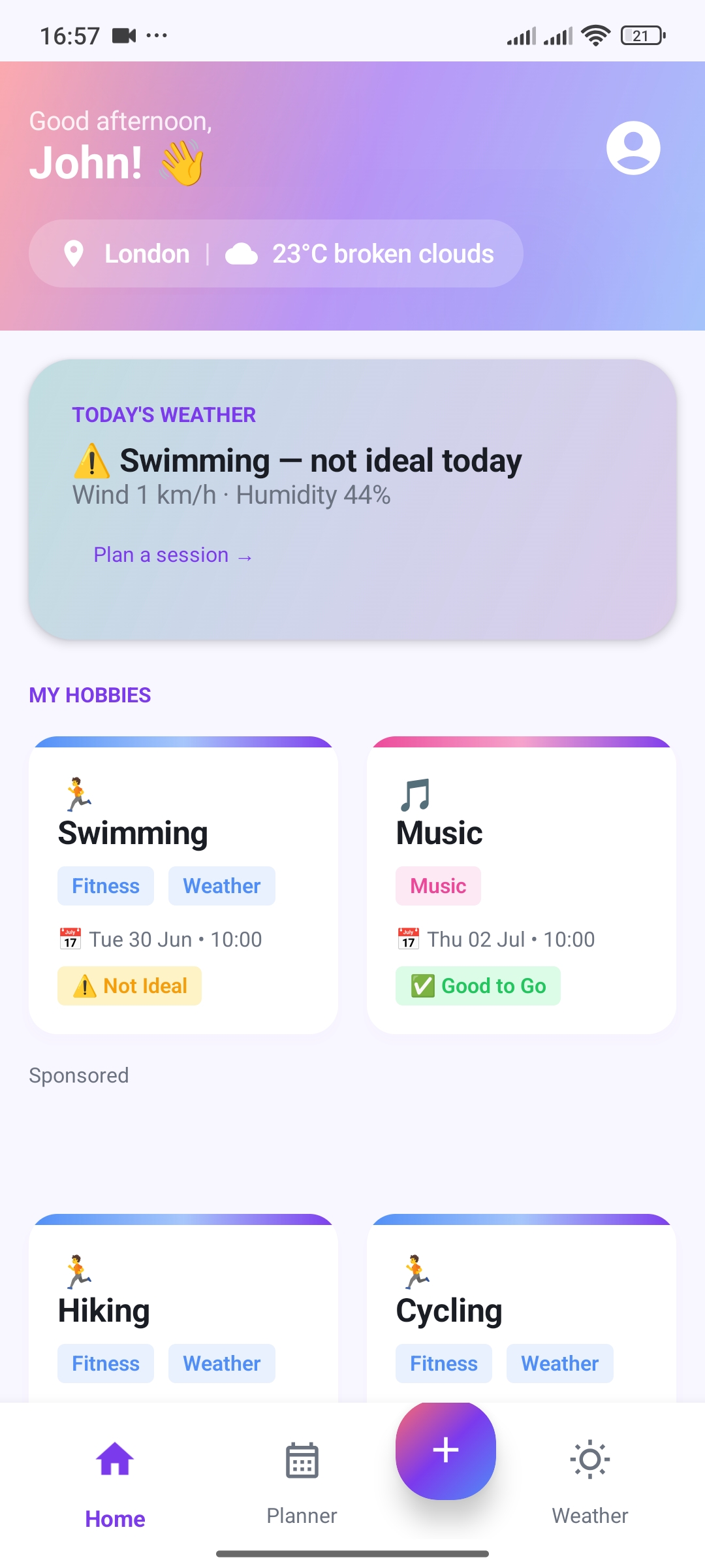 MyHobbyPlan App - Smart hobby planning interface showing weather-aware scheduling