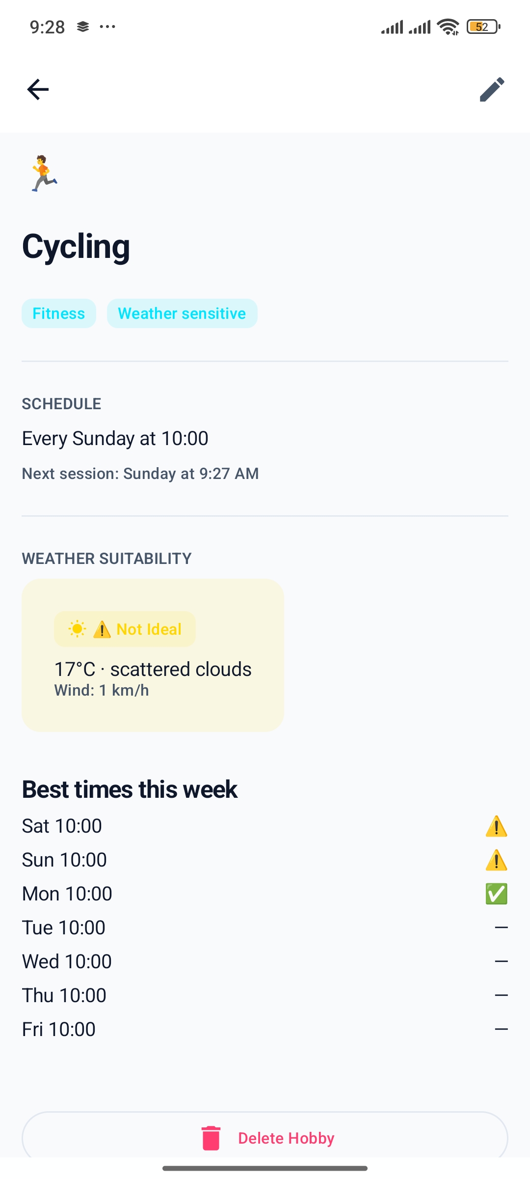 Smart Scheduling feature with intuitive calendar interface for hobby planning