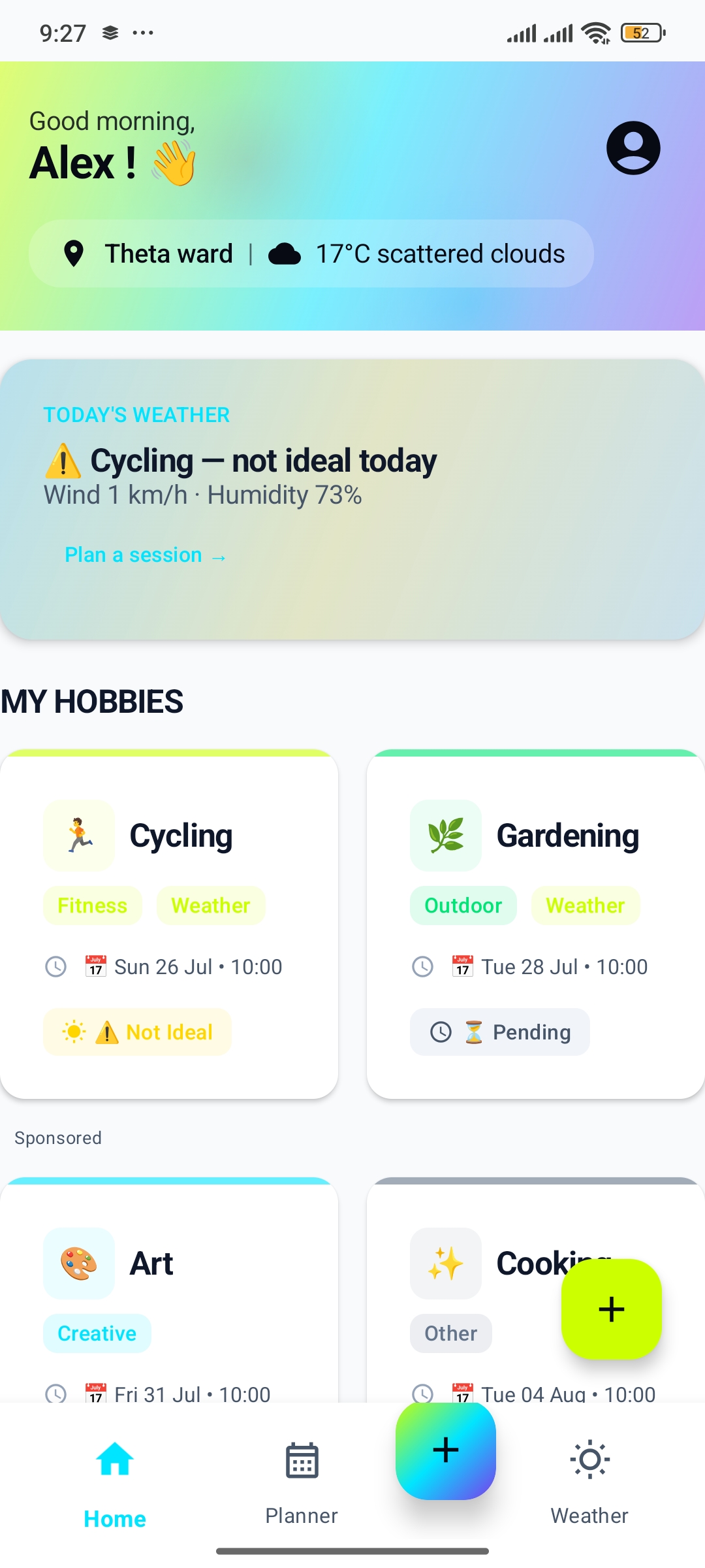 Weather-Aware Planning feature showing real-time weather data for outdoor hobby scheduling